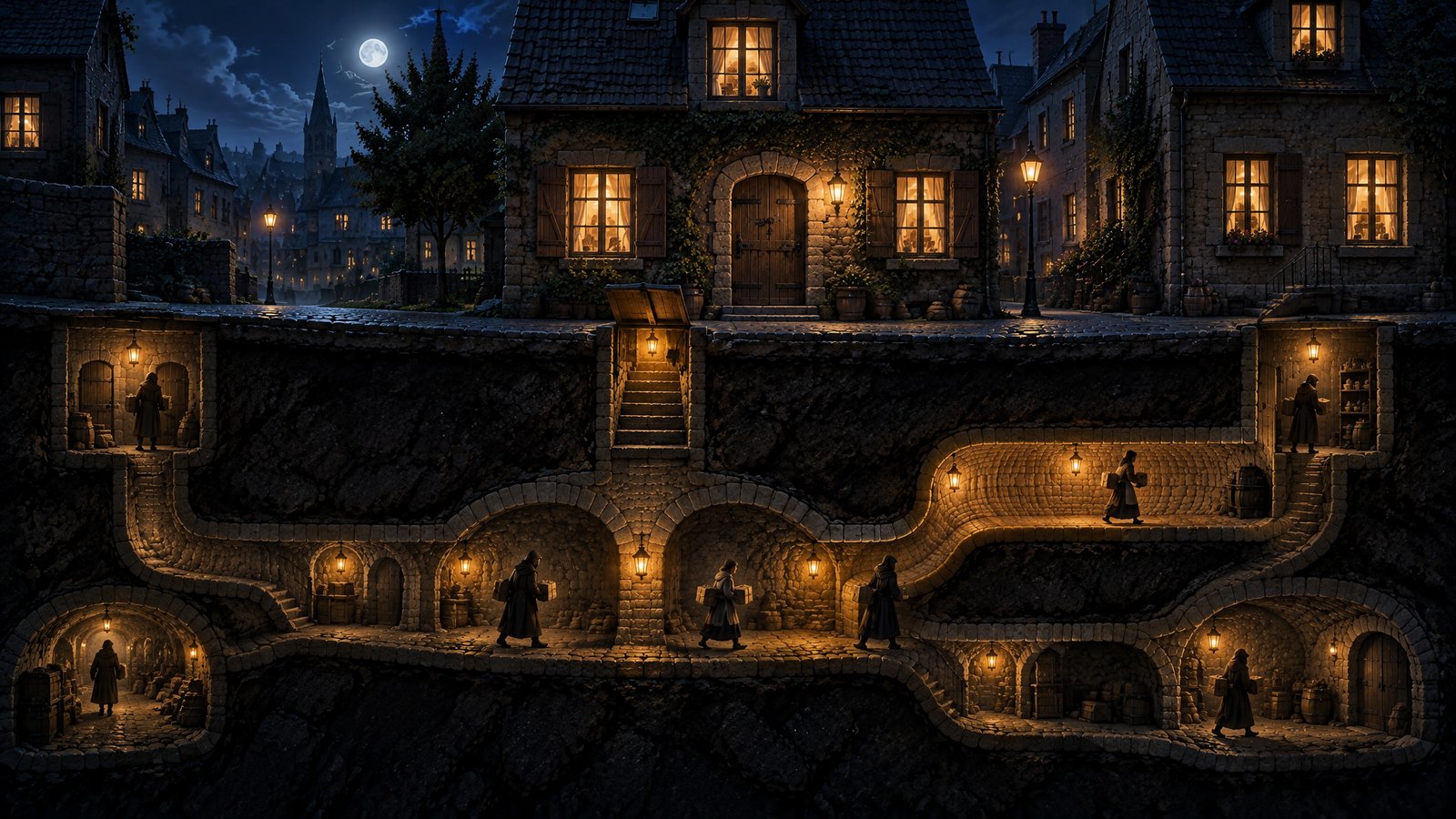A small stone house with warm windows and a solid door